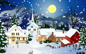 imágenes vectoriales, espesa nieve, casa, luna, navidad