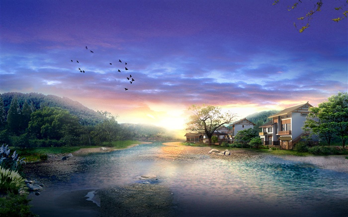 Pueblo, río, árboles, pájaros, puesta del sol, nubes, 3d diseño Fondos de pantalla, imagen