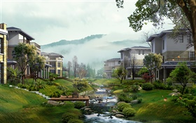 Villas, cala, árboles, niebla, 3d diseño HD fondos de pantalla