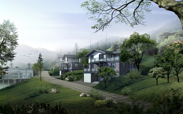 Villas, camino, árboles, montañas, diseño 3D Fondos de pantalla, imagen