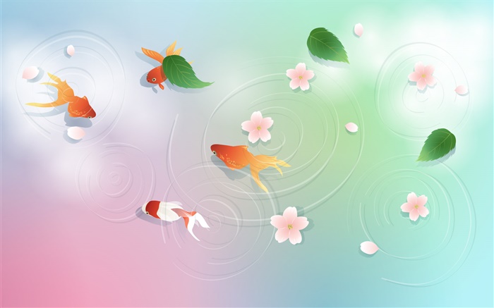 Agua, peces de colores, hojas, flores, diseño del vector Fondos de pantalla, imagen