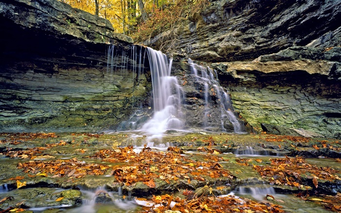 Cascadas, rocas, hojas rojas, otoño Fondos de pantalla, imagen