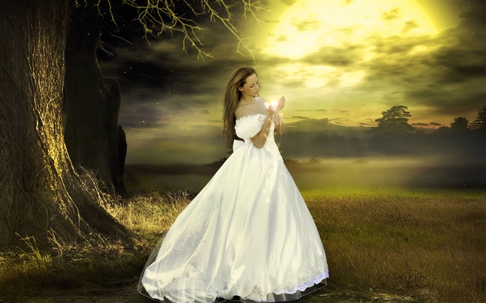 niña de vestido blanco de la fantasía, oscuridad, mágica Fondos de pantalla, imagen