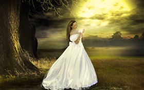 niña de vestido blanco de la fantasía, oscuridad, mágica