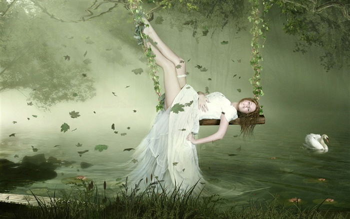 muchacha del vestido de fantasía blanco acostado en el columpio, cisne, lago, hojas Fondos de pantalla, imagen