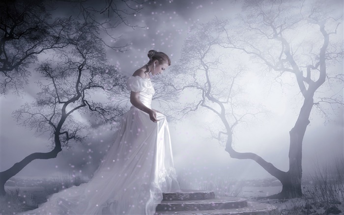 chica blanca vestido de fantasía, árboles, nieve, los rayos de luz Fondos de pantalla, imagen