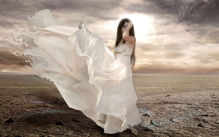 Blanco niña vestido de fantasía, viento, sol Fondos de pantalla, imagen