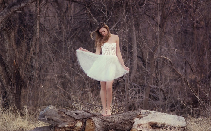 niña de vestido blanco, bosque, solo Fondos de pantalla, imagen