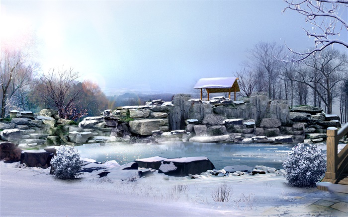 Invierno, nieve gruesa, piedras, árboles, estanque, renderizar imágenes 3D Fondos de pantalla, imagen