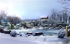 Invierno, nieve gruesa, piedras, árboles, estanque, renderizar imágenes 3D