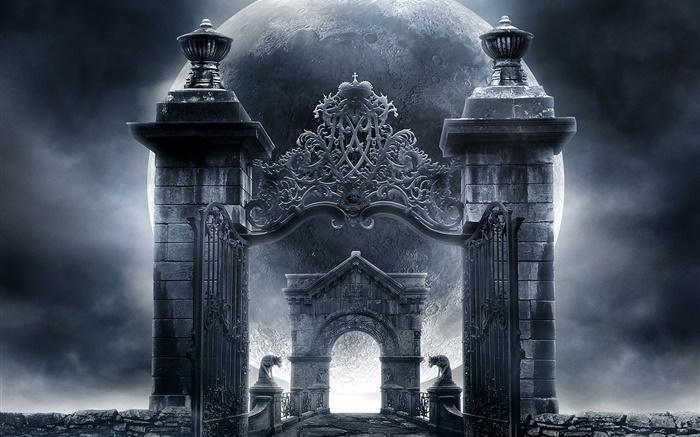 Brujas puerta de castillo, la luna, el diseño creativo Fondos de pantalla, imagen
