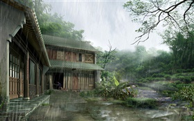 casa de madera, fuertes lluvias, árboles, renderizar imágenes 3D HD fondos de pantalla
