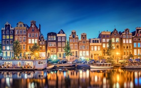 Amsterdam, Nederland, ciudad, noche, río, casas, luces HD fondos de pantalla
