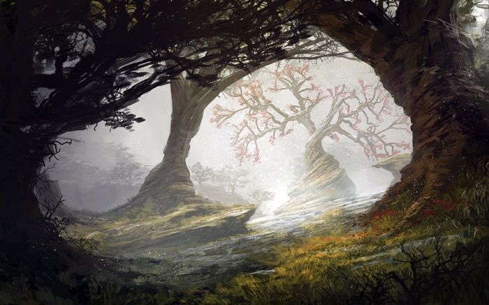 Arte de la pintura, bosque, árboles Fondos de pantalla, imagen