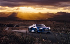 Audi R8 V10 coche azul, puesta del sol, nubes HD fondos de pantalla