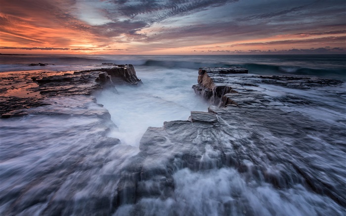 Australia, Nueva Gales del Sur, Royal National Park, costa, mar, rocas, amanecer Fondos de pantalla, imagen