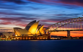 Australia, Sydney Opera House, puente, noche, luces, mar