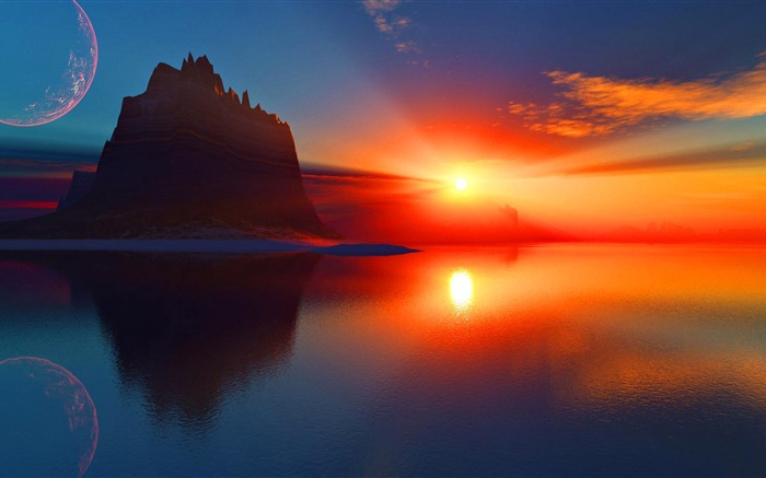 Hermosa puesta de sol, cielo rojo, nubes, rayos del sol, mar, montaña Fondos de pantalla, imagen