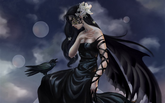 chica negro vestido de fantasía, asistente cuervo, alas Fondos de pantalla, imagen