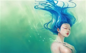 Azul chica de ensueño pelo, pelo al viento