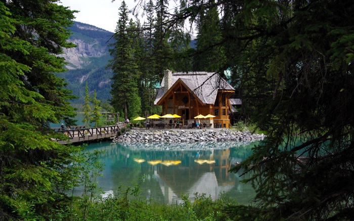Canadá, lago Esmeralda, Parque Nacional Yoho, bosque, lago, casa Fondos de pantalla, imagen