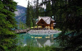 Canadá, lago Esmeralda, Parque Nacional Yoho, bosque, lago, casa HD fondos de pantalla