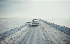 Coche, camino, nieve, estilo retro HD fondos de pantalla