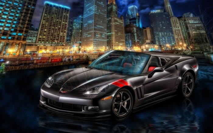 Chevrolet Corvette supercar, ciudad, noche, rascacielos Fondos de pantalla, imagen