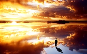 Nubes, puesta del sol, persona, reflexión