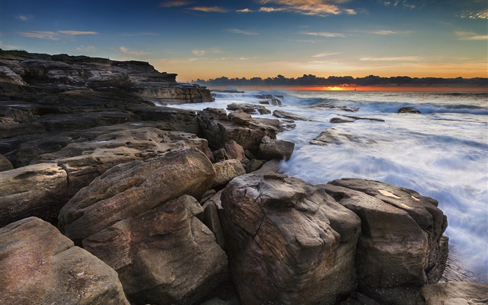 Costa, océano, rocas, la salida del sol, playa Fondos de pantalla, imagen