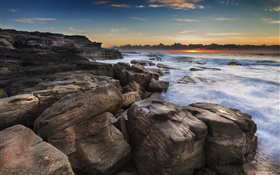 Costa, océano, rocas, la salida del sol, playa HD fondos de pantalla