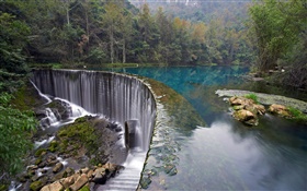 Croacia, Parque Nacional de Plitvice, bosque, piedras, árboles, cascada