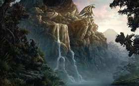 Dragón, acantilado, cascada, diseño creativo HD fondos de pantalla