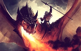 jinete del dragón, fuego, pintura del arte HD fondos de pantalla