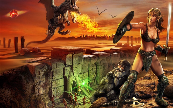 EverQuest, guerrero de la muchacha, dragón, fuego Fondos de pantalla, imagen