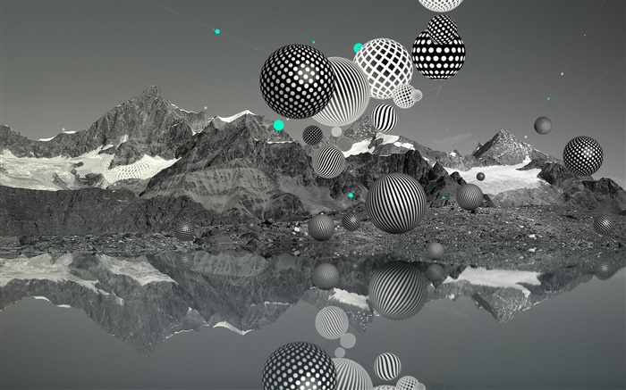 las bolas de vuelo, montañas, lago, blanco y negro, imágenes creativas Fondos de pantalla, imagen