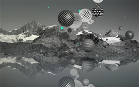las bolas de vuelo, montañas, lago, blanco y negro, imágenes creativas HD fondos de pantalla