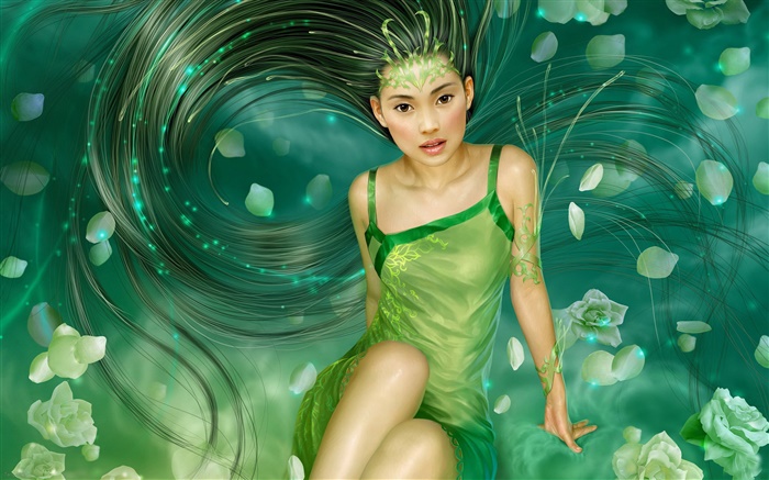 chica vestido verde de la fantasía, pelo largo Fondos de pantalla, imagen