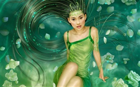 chica vestido verde de la fantasía, pelo largo