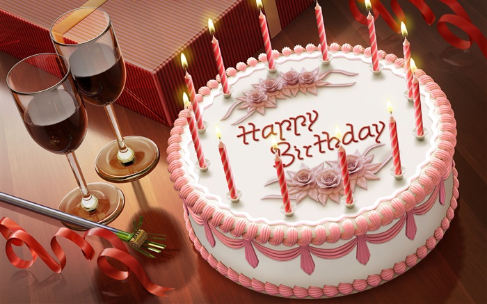 Feliz cumpleaños, torta, velas, vino, regalo Fondos de pantalla, imagen