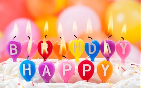 Feliz cumpleaños, velas de colores, fuego, torta HD fondos de pantalla