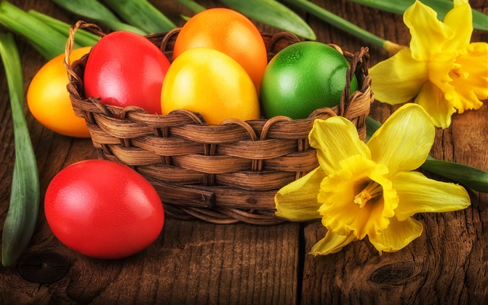 Pascua, huevos de colores, decoración, narcisos amarillos felices Fondos de pantalla, imagen