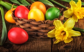 Pascua, huevos de colores, decoración, narcisos amarillos felices HD fondos de pantalla