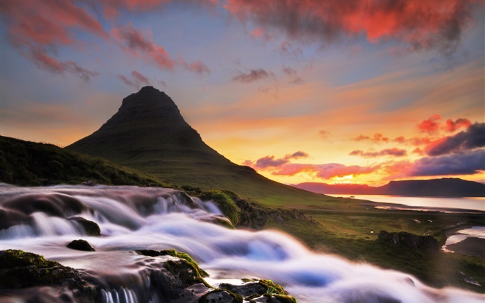 Islandia, Kirkjufell, montaña, cascada, por la mañana, la salida del sol Fondos de pantalla, imagen