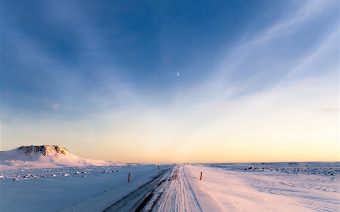 Islandia, invierno, nieve, camino, mañana, cielo Fondos de pantalla, imagen