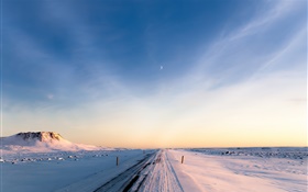 Islandia, invierno, nieve, camino, mañana, cielo