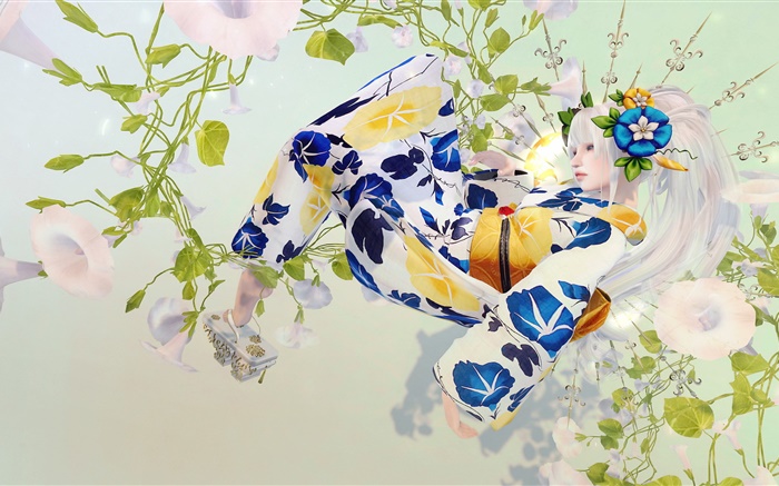 La muchacha japonesa, el pelo blanco, kimono, fantasía Fondos de pantalla, imagen
