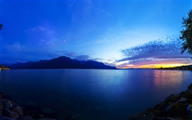Lago de Ginebra, Suiza, la puesta del sol, nubes, paisaje hermoso