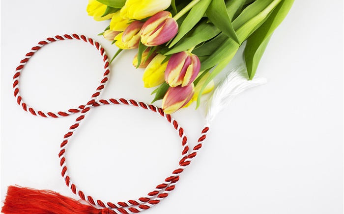 8 de marzo Día de la Mujer, tulipanes, cinta Fondos de pantalla, imagen