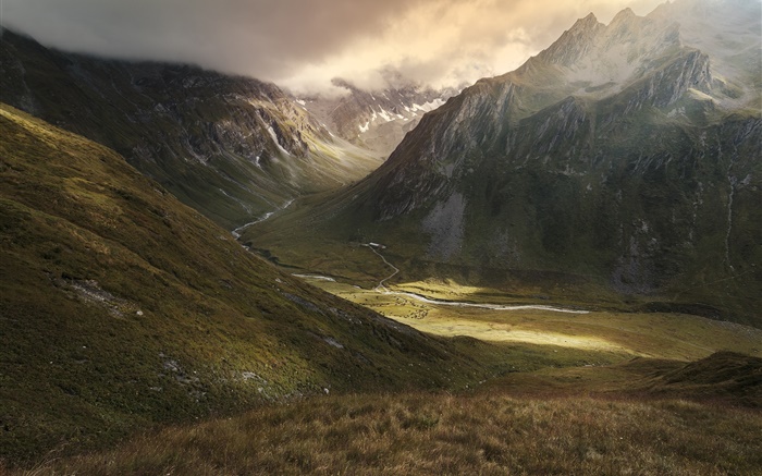 Montañas, valle, río, nubes, paisaje de la naturaleza Fondos de pantalla, imagen